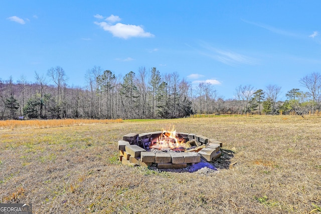 view of yard with a fire pit and a wooded view