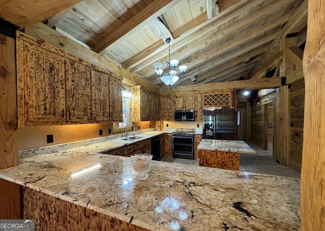 kitchen with a sink, refrigerator with ice dispenser, black dishwasher, double oven range, and stainless steel microwave