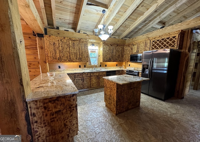 kitchen with brown cabinetry, wooden ceiling, vaulted ceiling with beams, black appliances, and a sink