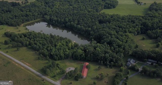 aerial view with a water view and a wooded view