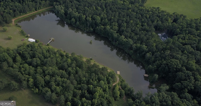 aerial view featuring a water view and a view of trees