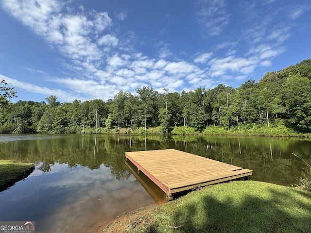 dock area featuring a water view and a wooded view