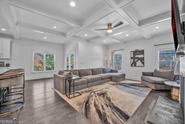 2850 Stonehall Ct SE, Smyrna, GA 30339 - living area with coffered ceiling, beam ceiling, and wood finished floors