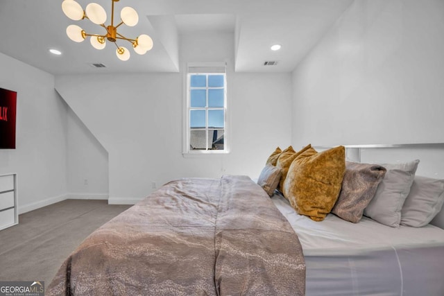 2850 Stonehall Ct SE, Smyrna, GA 30339 - bedroom with baseboards, visible vents, carpet flooring, and an inviting chandelier