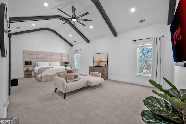 2850 Stonehall Ct SE, Smyrna, GA 30339 - carpeted bedroom with visible vents, multiple windows, high vaulted ceiling, and beamed ceiling