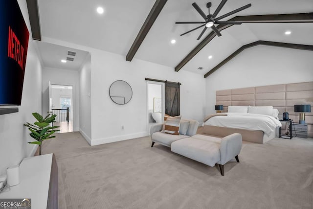 2850 Stonehall Ct SE, Smyrna, GA 30339 - carpeted bedroom with recessed lighting, a barn door, a ceiling fan, beamed ceiling, and baseboards