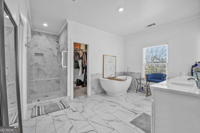 2850 Stonehall Ct SE, Smyrna, GA 30339 - bathroom featuring ornamental molding, marble finish floor, visible vents, and a marble finish shower
