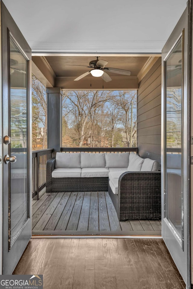 2850 Stonehall Ct SE, Smyrna, GA 30339 - wooden deck with ceiling fan and an outdoor living space