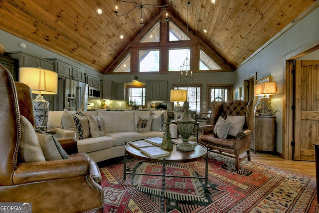 living area featuring high vaulted ceiling, light wood finished floors, wood ceiling, and a notable chandelier