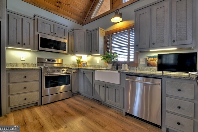 kitchen featuring light wood finished floors, appliances with stainless steel finishes, vaulted ceiling, gray cabinets, and a sink