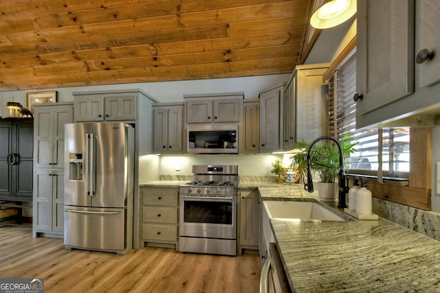 kitchen with wooden ceiling, light stone counters, gray cabinets, stainless steel appliances, and light wood-style floors