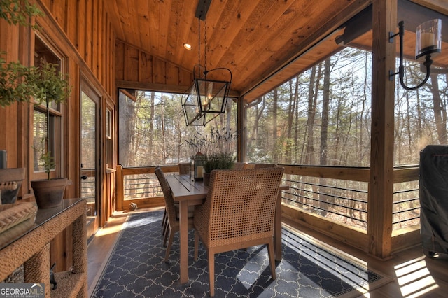 sunroom with lofted ceiling and wooden ceiling