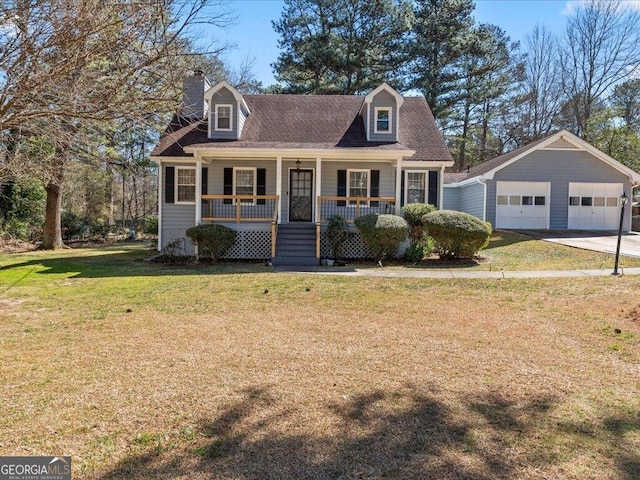 new england style home featuring a detached garage, a chimney, covered porch, an outdoor structure, and a front lawn