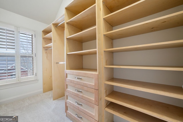 walk in closet featuring light carpet