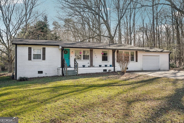 ranch-style home with a garage, brick siding, concrete driveway, crawl space, and a front yard