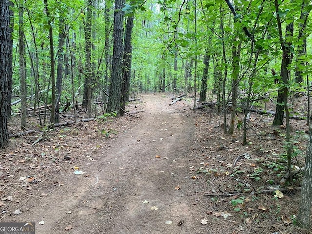 view of street featuring a wooded view