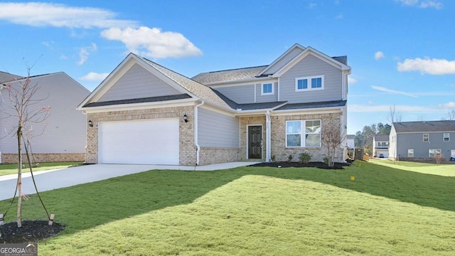 view of front of house with a garage, brick siding, concrete driveway, and a front yard