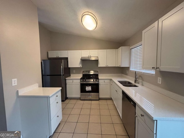 kitchen with light tile patterned floors, lofted ceiling, appliances with stainless steel finishes, under cabinet range hood, and a sink