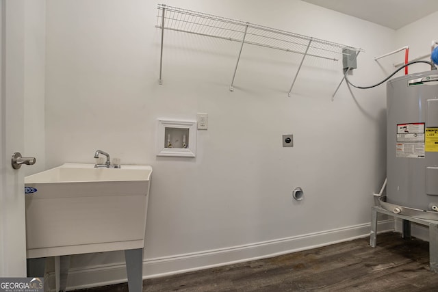 washroom with dark wood finished floors, water heater, laundry area, hookup for a washing machine, and electric dryer hookup