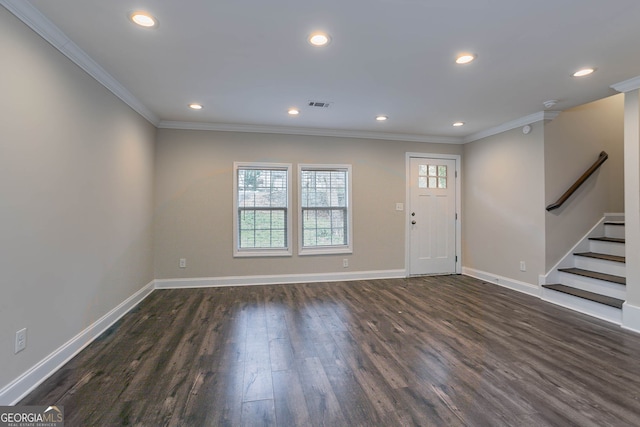 entryway with crown molding, stairway, baseboards, and dark wood-style flooring
