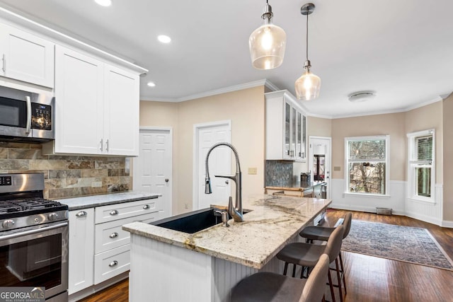 kitchen featuring appliances with stainless steel finishes, dark wood-type flooring, a sink, and ornamental molding