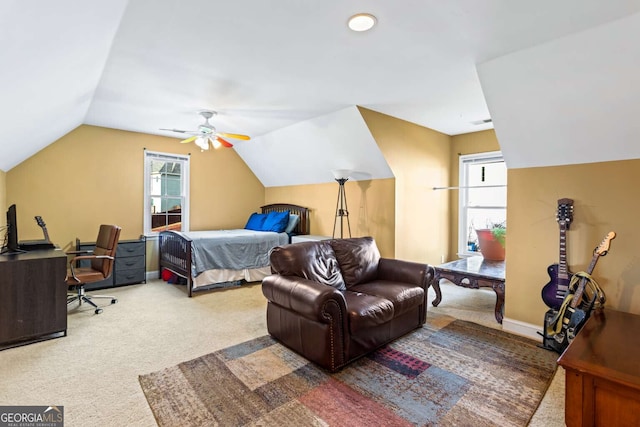 bedroom featuring lofted ceiling, carpet, and ceiling fan