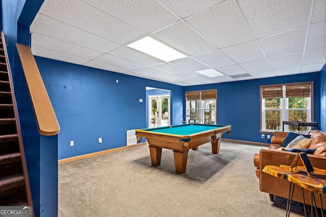 recreation room with carpet floors, french doors, a drop ceiling, billiards, and baseboards