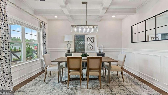 dining space with coffered ceiling, dark wood finished floors, and beam ceiling