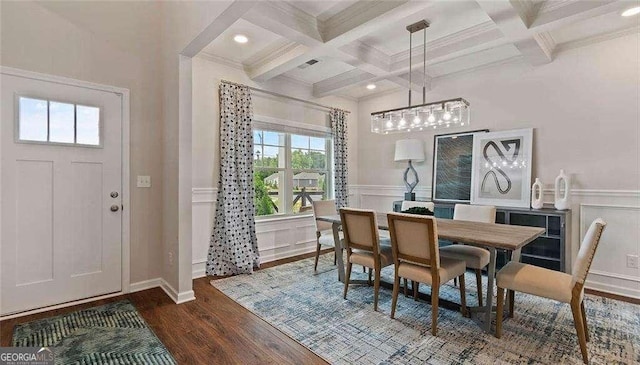 dining space with beamed ceiling, coffered ceiling, dark wood finished floors, and a decorative wall