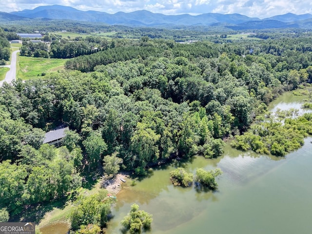 birds eye view of property with a wooded view and a water and mountain view