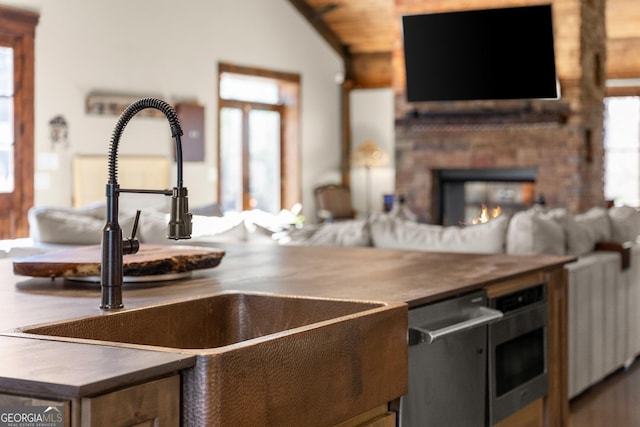 kitchen with a wealth of natural light, a warm lit fireplace, stainless steel appliances, and a sink