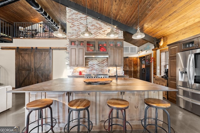 kitchen with butcher block countertops, under cabinet range hood, backsplash, stainless steel appliances, and wooden ceiling