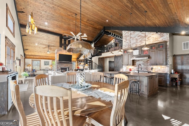 dining area with visible vents, concrete floors, high vaulted ceiling, ceiling fan, and wooden ceiling