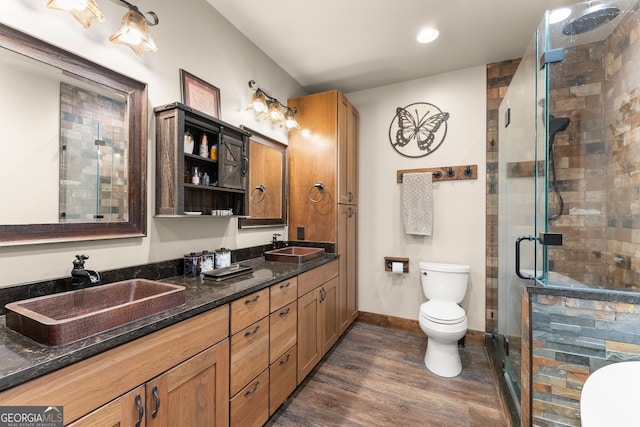 full bath featuring a shower stall, wood finished floors, toilet, and a sink