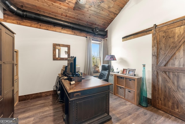 office area featuring a barn door, lofted ceiling, wood ceiling, and dark wood-style floors