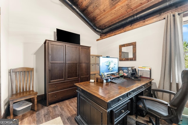 office area featuring high vaulted ceiling, wood ceiling, and dark wood-style flooring