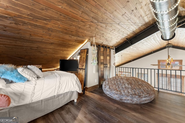 bedroom with vaulted ceiling, wooden ceiling, and wood finished floors