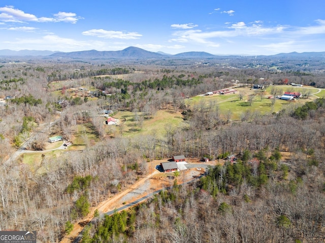 bird's eye view with a mountain view and a wooded view