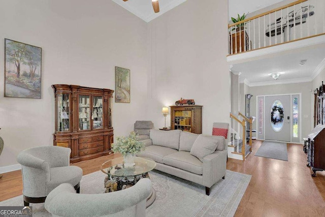 living area with wood finished floors, a towering ceiling, and crown molding