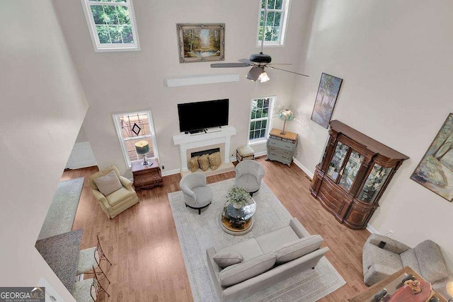 living area with a towering ceiling, a fireplace with flush hearth, baseboards, and wood finished floors