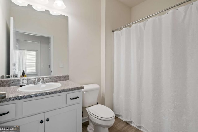 bathroom with vanity, wood finished floors, and toilet