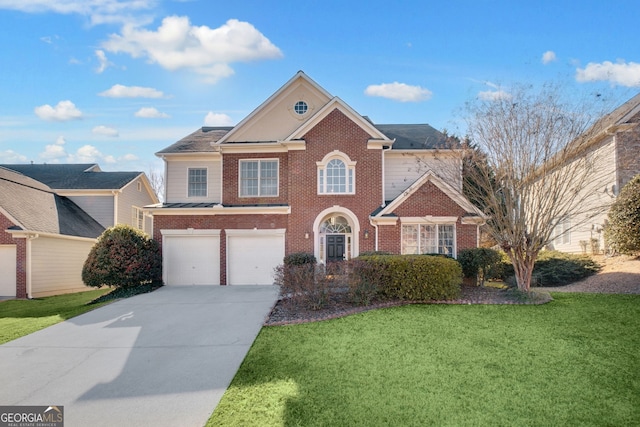 view of front of home with an attached garage, a front lawn, concrete driveway, and brick siding