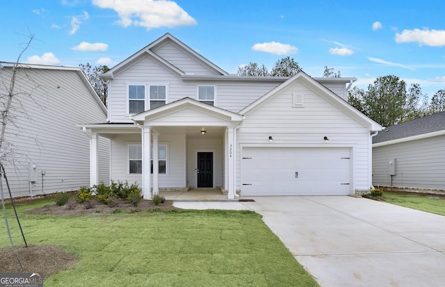 traditional-style home with a porch, a front lawn, and concrete driveway