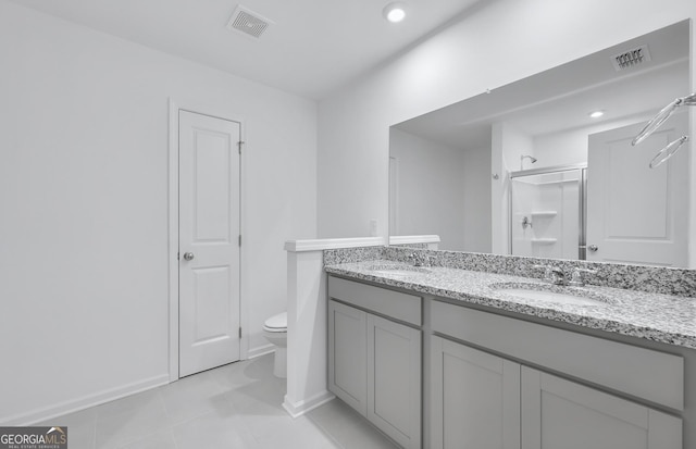 bathroom featuring visible vents, a sink, a shower stall, and toilet