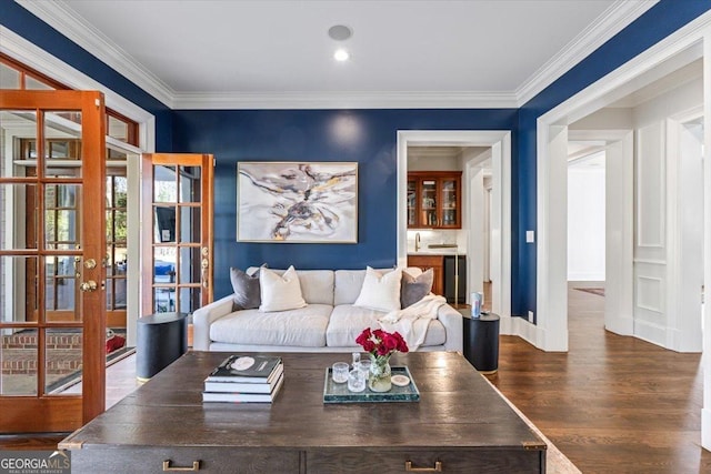 living room with beverage cooler, french doors, dark wood-style flooring, and crown molding