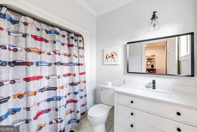 bathroom with toilet, curtained shower, ornamental molding, and vanity