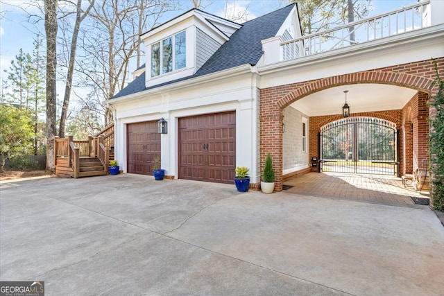 view of home's exterior featuring driveway, a garage, a balcony, roof with shingles, and brick siding