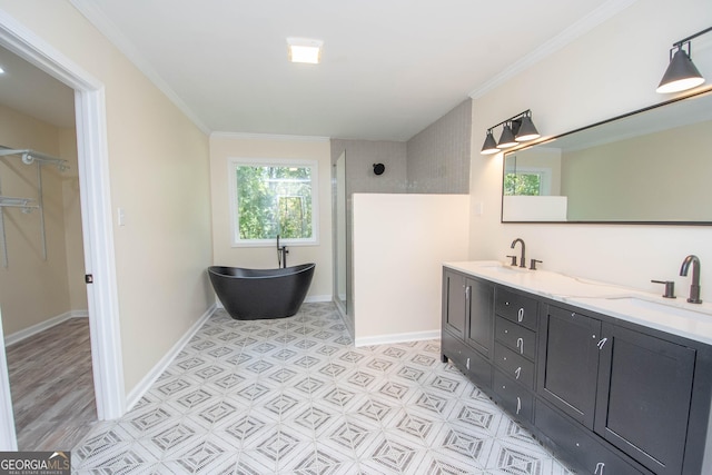 bathroom featuring crown molding, a freestanding bath, walk in shower, and a sink