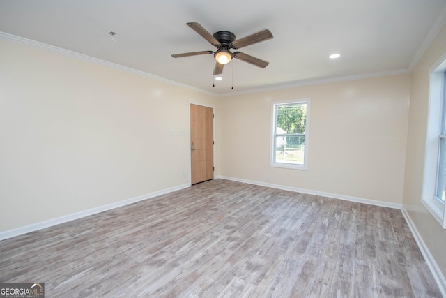 unfurnished room with recessed lighting, ornamental molding, light wood-style floors, a ceiling fan, and baseboards