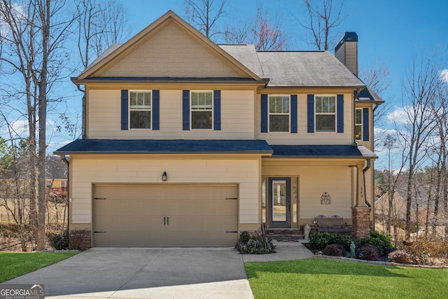 craftsman-style house featuring a chimney, a porch, an attached garage, driveway, and a front lawn